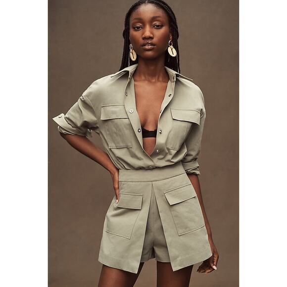 Anthropologie Mare Mare Utility Romper Womens XL Green Long Sleeves‎ Boho NEW - Picture 1 of 13
